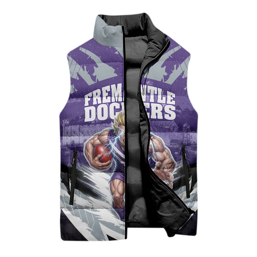 Personalised Fremantle Dockers Football Sleeveless Puffer Jacket Anime Warrior Manga Style Lightning Bolt Cityscape