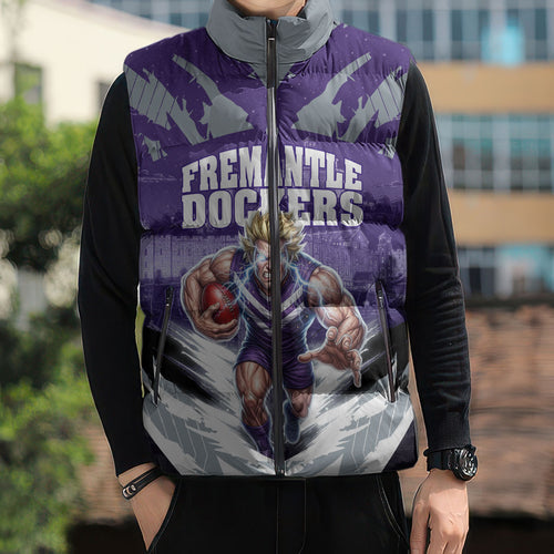 Personalised Fremantle Dockers Football Sleeveless Puffer Jacket Anime Warrior Manga Style Lightning Bolt Cityscape