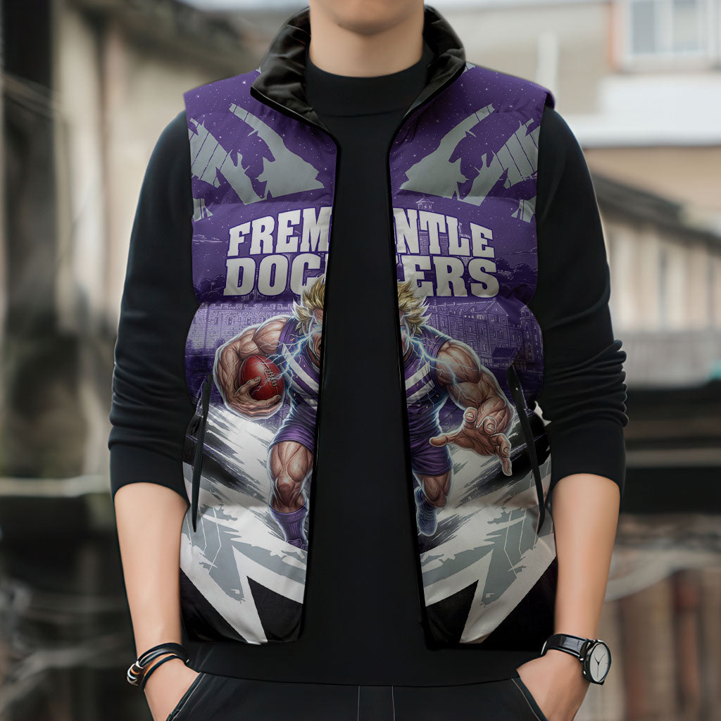 Personalised Fremantle Dockers Football Sleeveless Puffer Jacket Anime Warrior Manga Style Lightning Bolt Cityscape