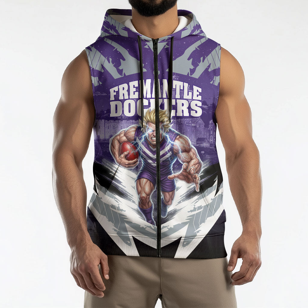 Personalised Fremantle Dockers Football Sleeveless Zip Hoodie Anime Warrior Manga Style Lightning Bolt Cityscape