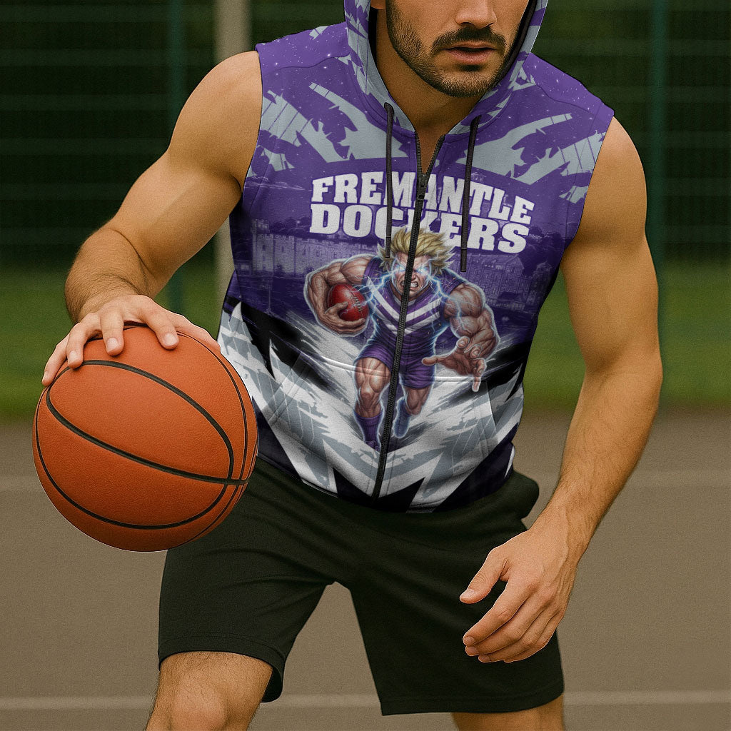 Personalised Fremantle Dockers Football Sleeveless Zip Hoodie Anime Warrior Manga Style Lightning Bolt Cityscape