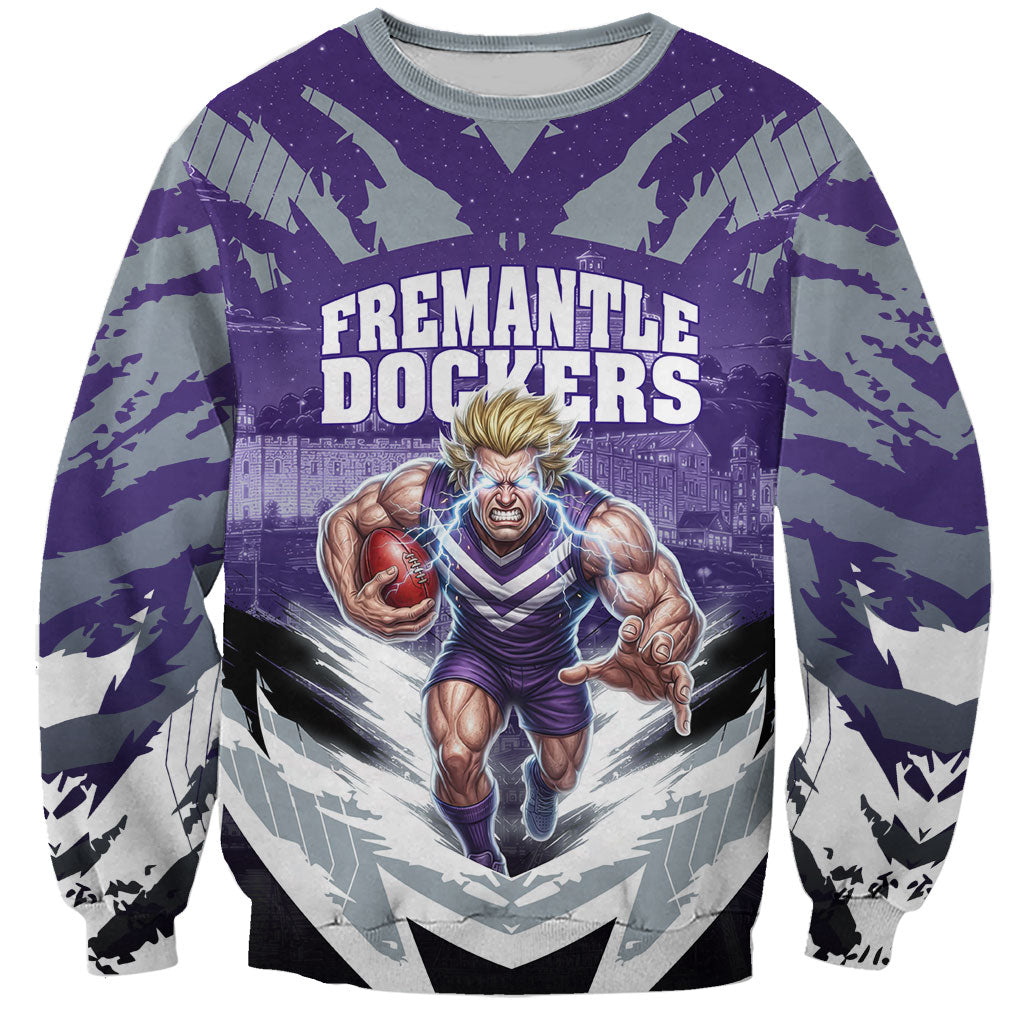 Personalised Fremantle Dockers Football Sweatshirt Anime Warrior Manga Style Lightning Bolt Cityscape