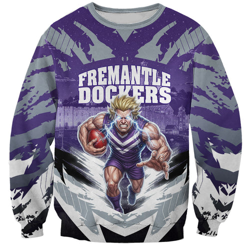 Personalised Fremantle Dockers Football Sweatshirt Anime Warrior Manga Style Lightning Bolt Cityscape