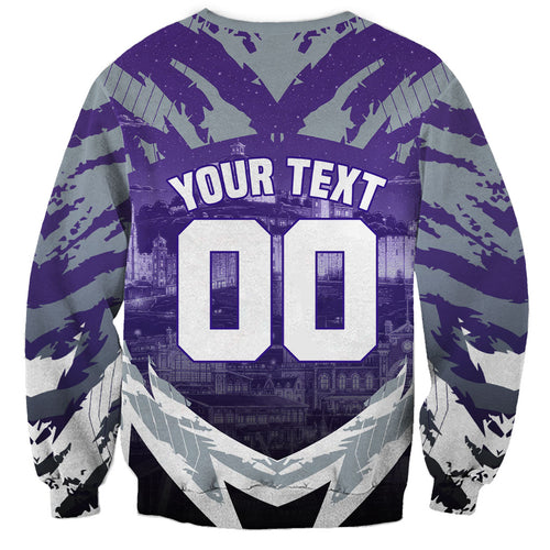 Personalised Fremantle Dockers Football Sweatshirt Anime Warrior Manga Style Lightning Bolt Cityscape