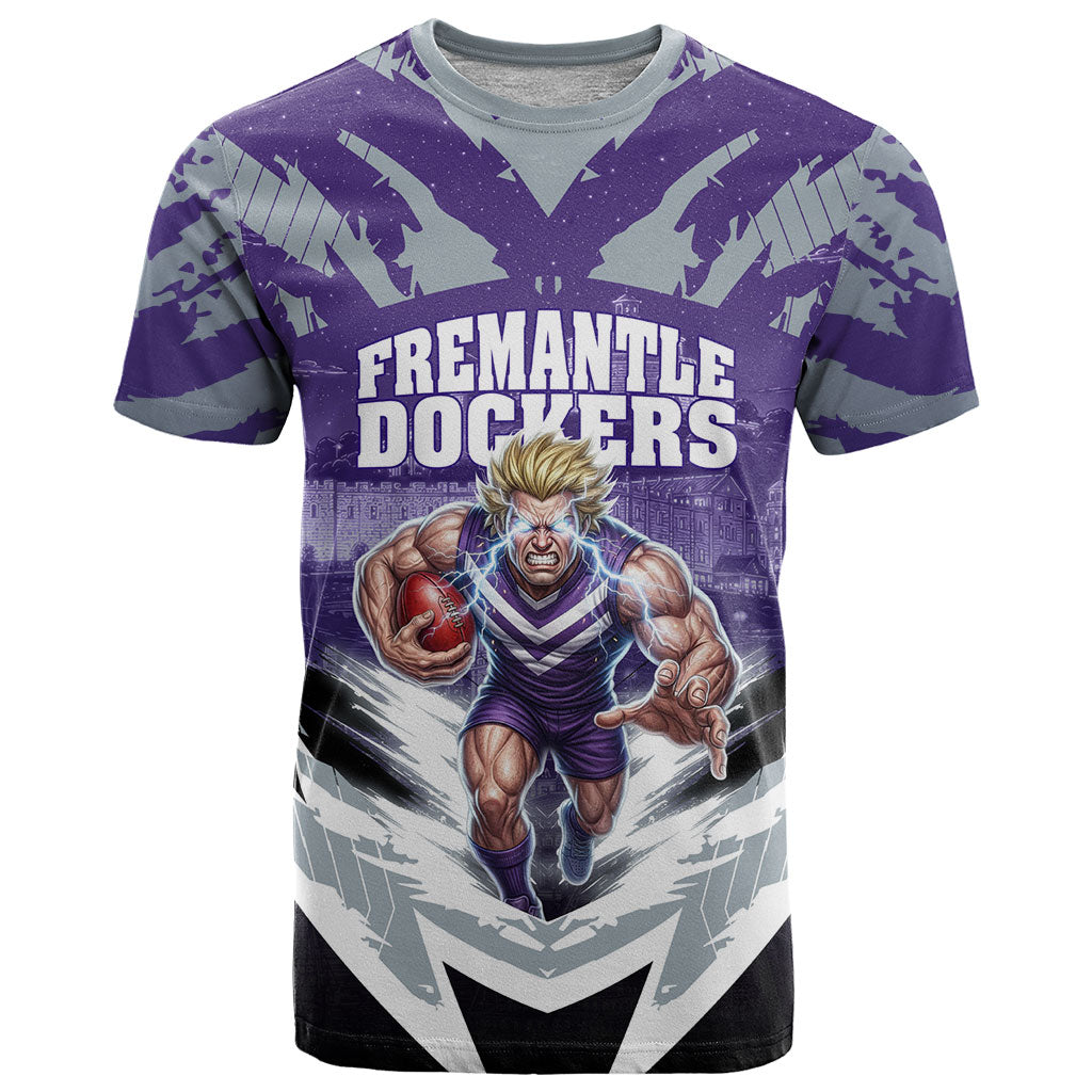 Personalised Fremantle Dockers Football T Shirt Anime Warrior Manga Style Lightning Bolt Cityscape