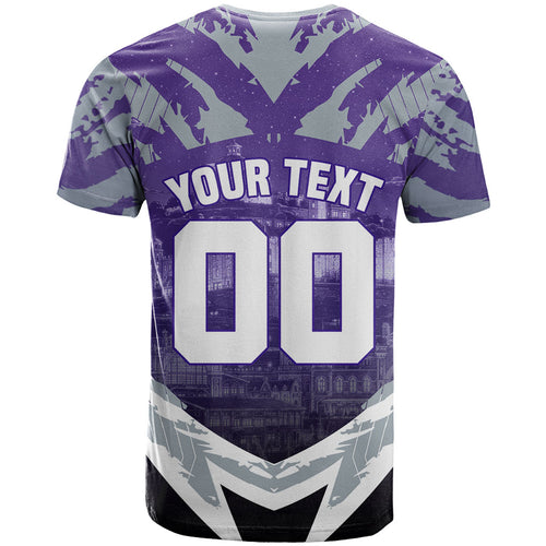 Personalised Fremantle Dockers Football T Shirt Anime Warrior Manga Style Lightning Bolt Cityscape