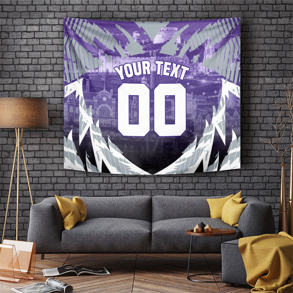 Personalised Fremantle Dockers Football Tapestry Anime Warrior Manga Style Lightning Bolt Cityscape