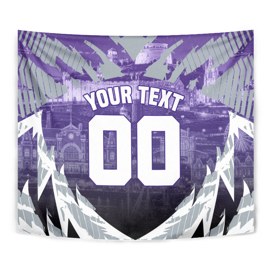 Personalised Fremantle Dockers Football Tapestry Anime Warrior Manga Style Lightning Bolt Cityscape