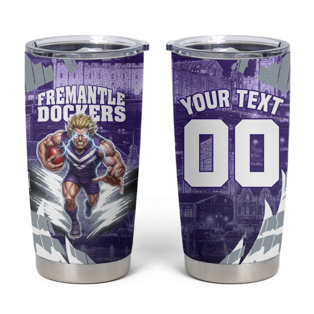 Personalised Fremantle Dockers Football Tumbler Cup Anime Warrior Manga Style Lightning Bolt Cityscape