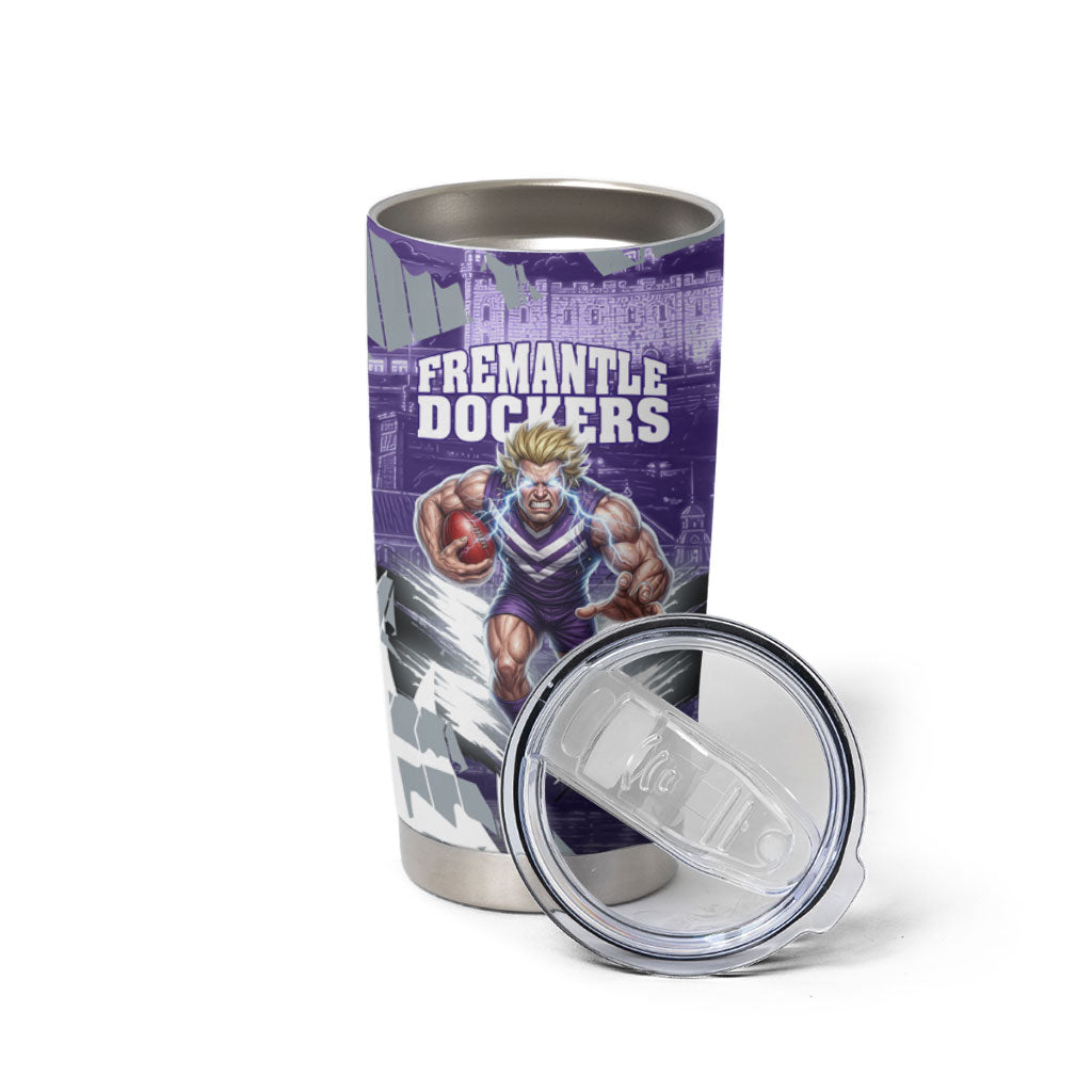 Personalised Fremantle Dockers Football Tumbler Cup Anime Warrior Manga Style Lightning Bolt Cityscape