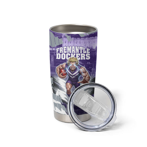 Personalised Fremantle Dockers Football Tumbler Cup Anime Warrior Manga Style Lightning Bolt Cityscape