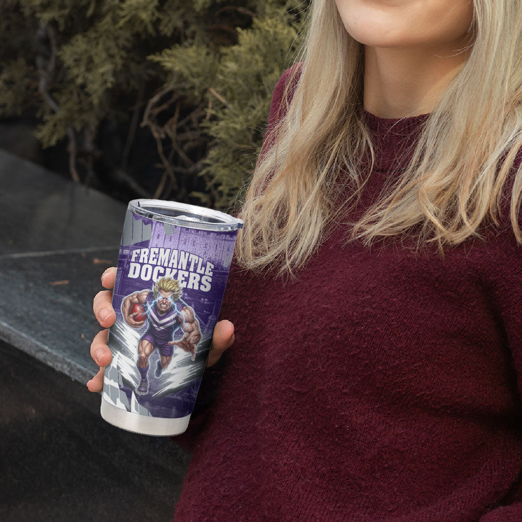 Personalised Fremantle Dockers Football Tumbler Cup Anime Warrior Manga Style Lightning Bolt Cityscape