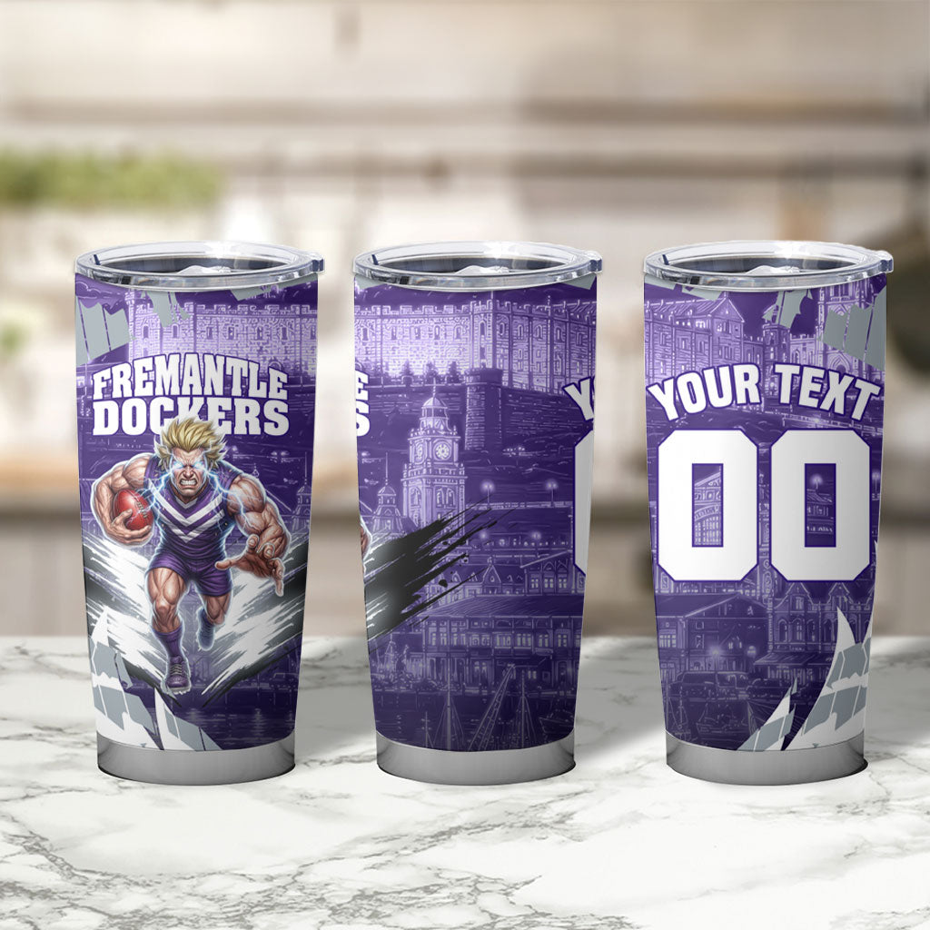 Personalised Fremantle Dockers Football Tumbler Cup Anime Warrior Manga Style Lightning Bolt Cityscape
