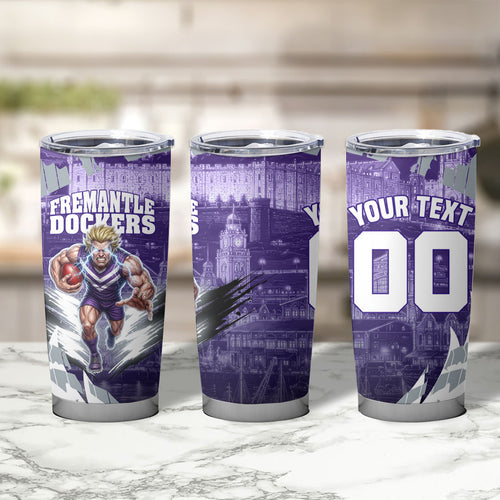 Personalised Fremantle Dockers Football Tumbler Cup Anime Warrior Manga Style Lightning Bolt Cityscape