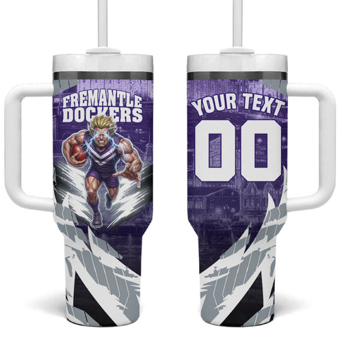 Personalised Fremantle Dockers Football Tumbler With Handle Anime Warrior Manga Style Lightning Bolt Cityscape
