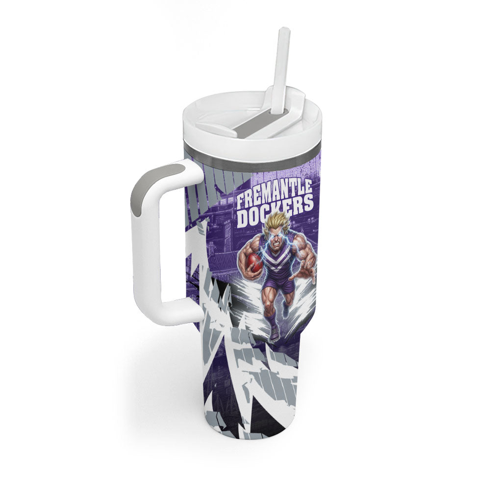 Personalised Fremantle Dockers Football Tumbler With Handle Anime Warrior Manga Style Lightning Bolt Cityscape