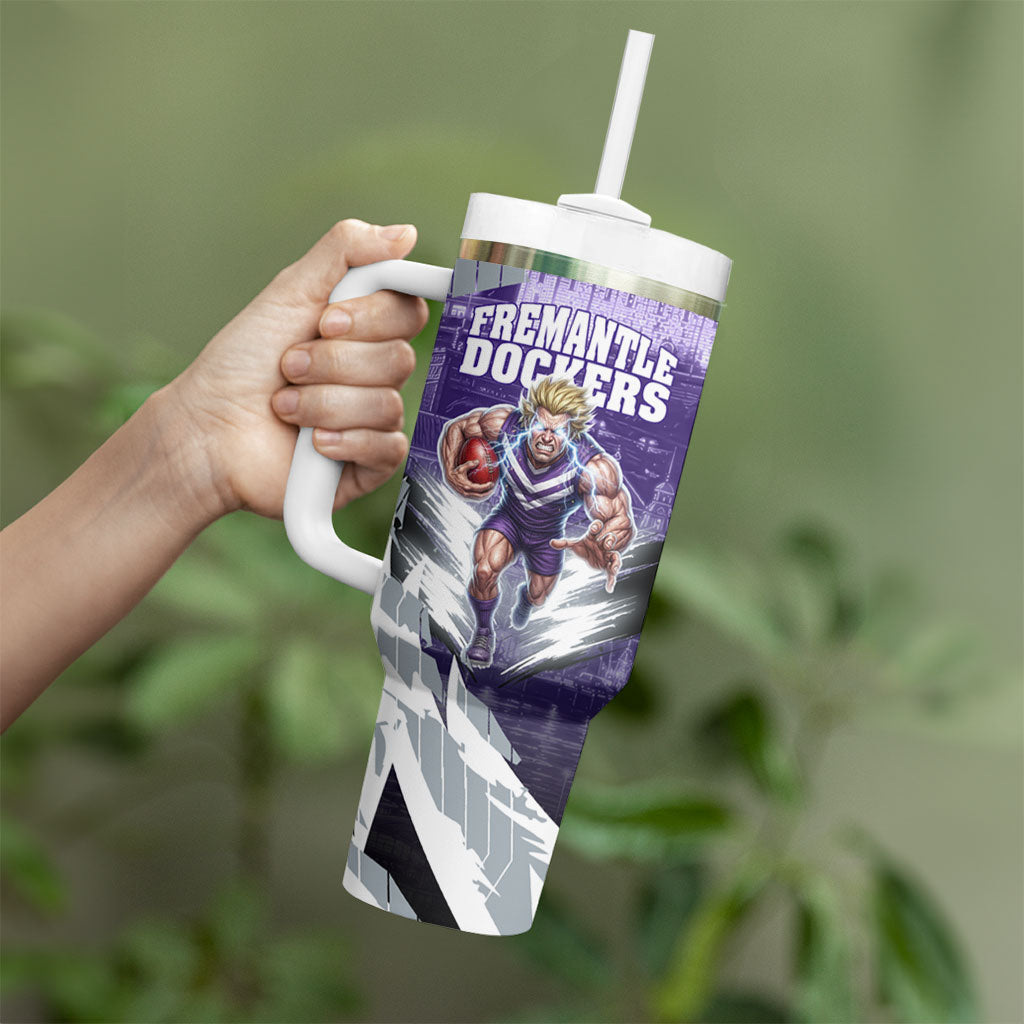 Personalised Fremantle Dockers Football Tumbler With Handle Anime Warrior Manga Style Lightning Bolt Cityscape