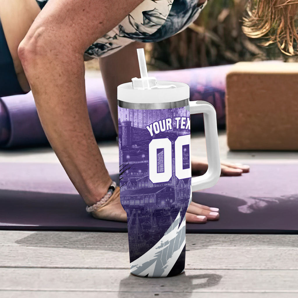 Personalised Fremantle Dockers Football Tumbler With Handle Anime Warrior Manga Style Lightning Bolt Cityscape