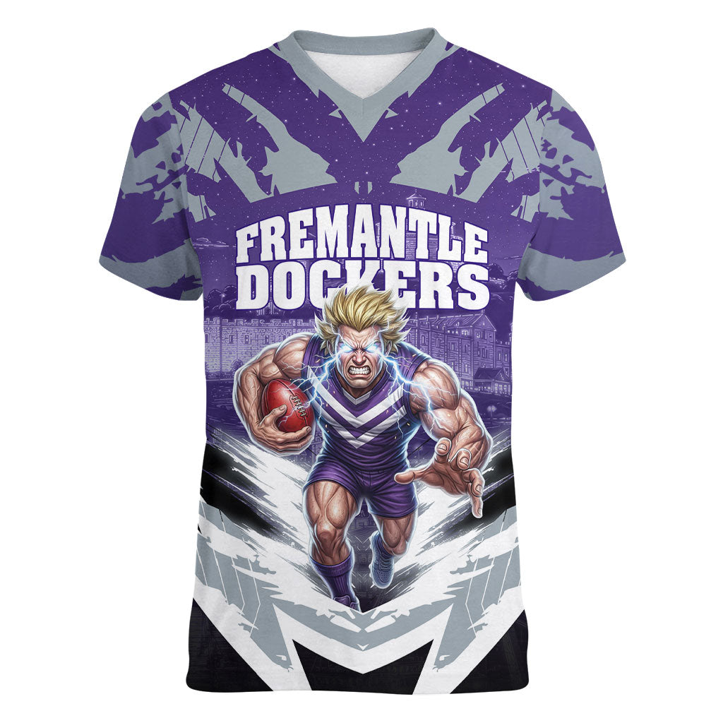 Personalised Fremantle Dockers Football Women V-Neck T-Shirt Anime Warrior Manga Style Lightning Bolt Cityscape