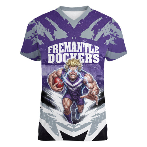Personalised Fremantle Dockers Football Women V-Neck T-Shirt Anime Warrior Manga Style Lightning Bolt Cityscape