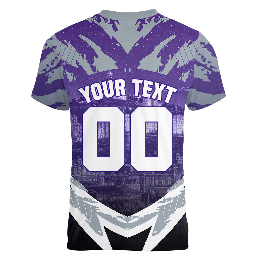 Personalised Fremantle Dockers Football Women V-Neck T-Shirt Anime Warrior Manga Style Lightning Bolt Cityscape