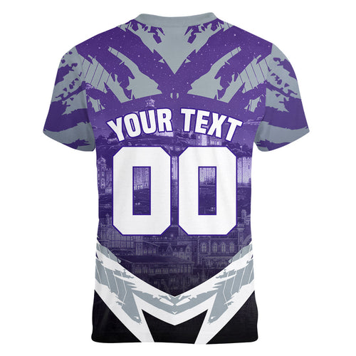 Personalised Fremantle Dockers Football Women V-Neck T-Shirt Anime Warrior Manga Style Lightning Bolt Cityscape