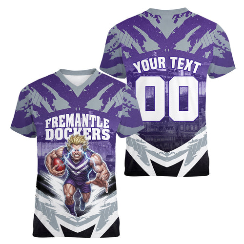 Personalised Fremantle Dockers Football Women V-Neck T-Shirt Anime Warrior Manga Style Lightning Bolt Cityscape