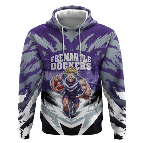 Personalised Fremantle Dockers Football Zip Hoodie Anime Warrior Manga Style Lightning Bolt Cityscape