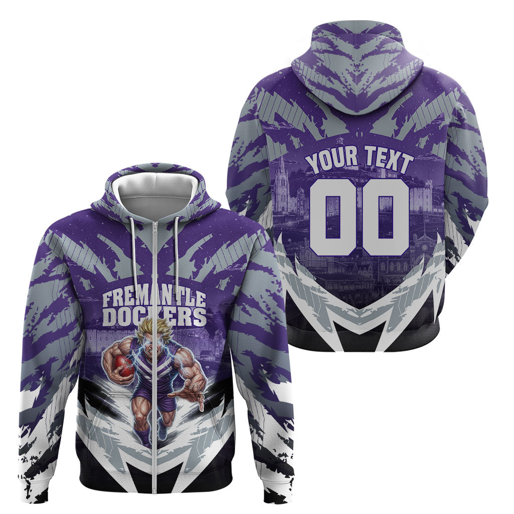 Personalised Fremantle Dockers Football Zip Hoodie Anime Warrior Manga Style Lightning Bolt Cityscape
