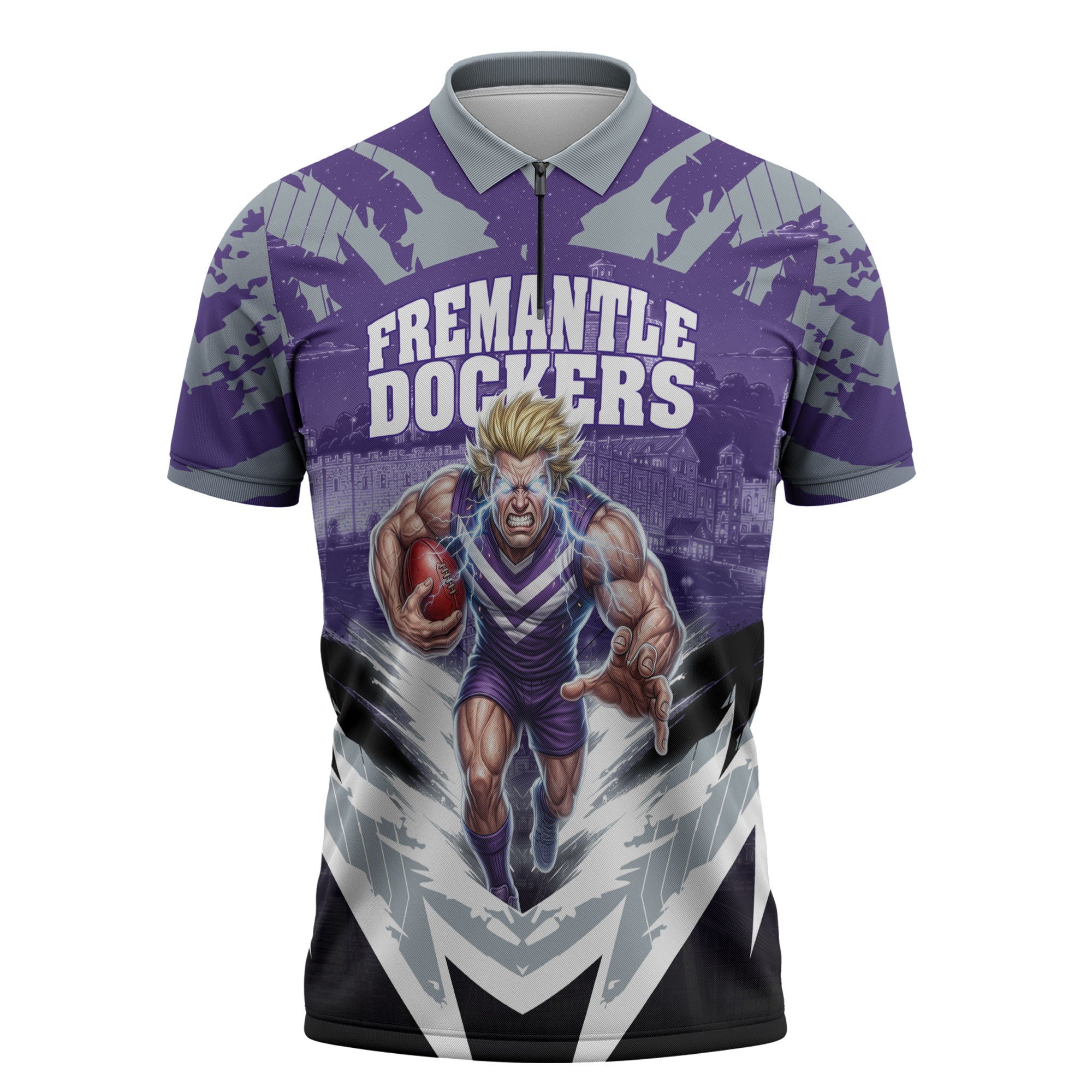 Personalised Fremantle Dockers Football Zipper Polo Shirt Anime Warrior Manga Style Lightning Bolt Cityscape