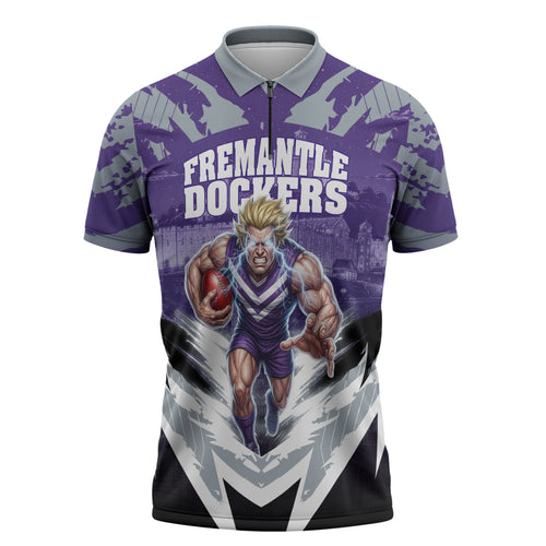 Personalised Fremantle Dockers Football Zipper Polo Shirt Anime Warrior Manga Style Lightning Bolt Cityscape