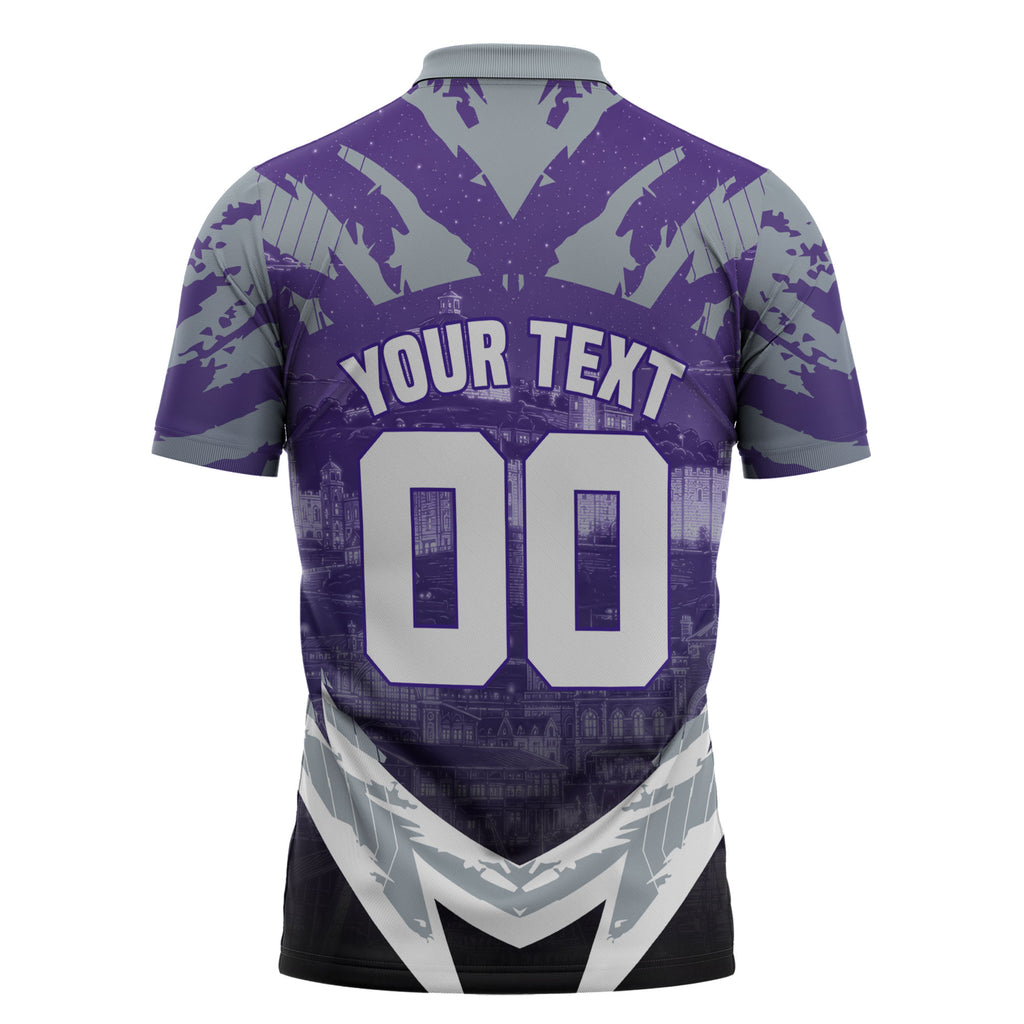 Personalised Fremantle Dockers Football Zipper Polo Shirt Anime Warrior Manga Style Lightning Bolt Cityscape