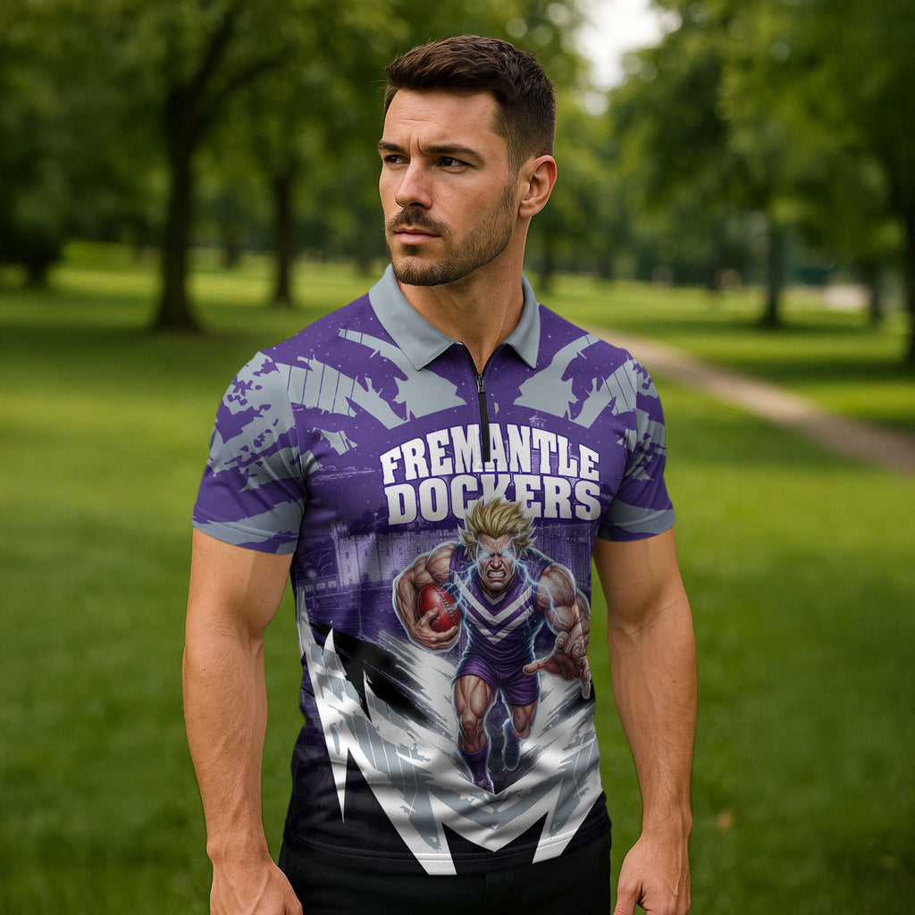 Personalised Fremantle Dockers Football Zipper Polo Shirt Anime Warrior Manga Style Lightning Bolt Cityscape