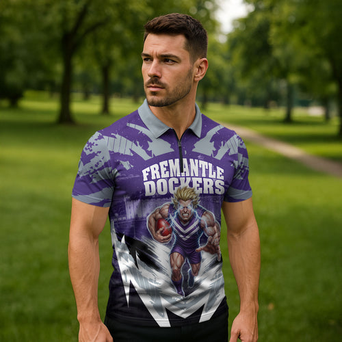 Personalised Fremantle Dockers Football Zipper Polo Shirt Anime Warrior Manga Style Lightning Bolt Cityscape