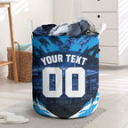 Personalised Geelong Cat Football Laundry Basket Electric Blue Mascot Charging Cityscape
