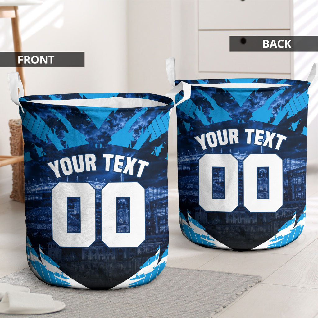 Personalised Geelong Cat Football Laundry Basket Electric Blue Mascot Charging Cityscape