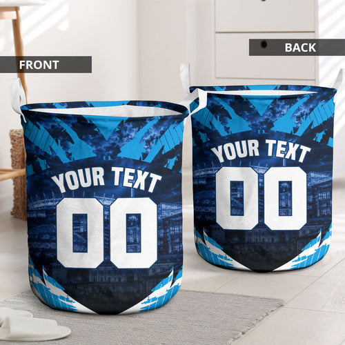 Personalised Geelong Cat Football Laundry Basket Electric Blue Mascot Charging Cityscape
