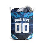 Personalised Geelong Cat Football Laundry Basket Electric Blue Mascot Charging Cityscape