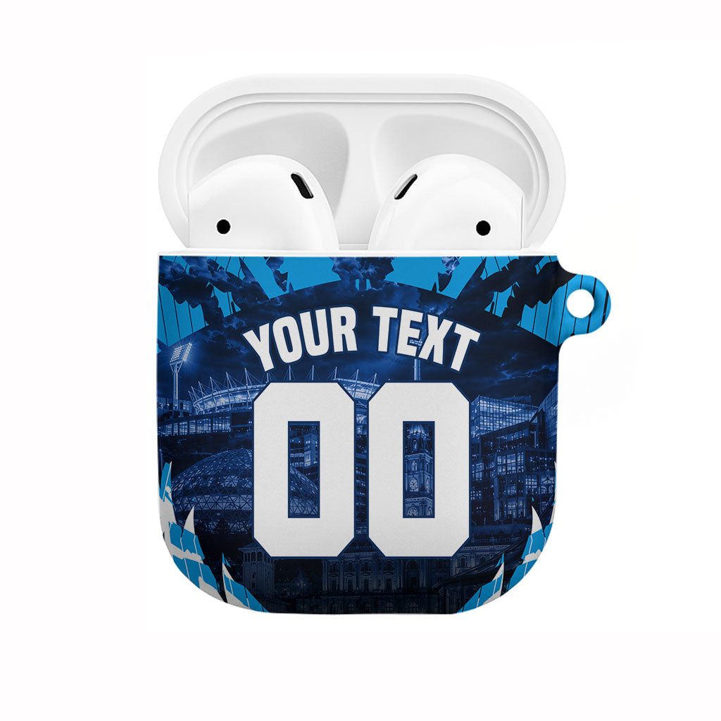 Personalised Geelong Cat Football AirPods Case Electric Blue Mascot Charging Cityscape