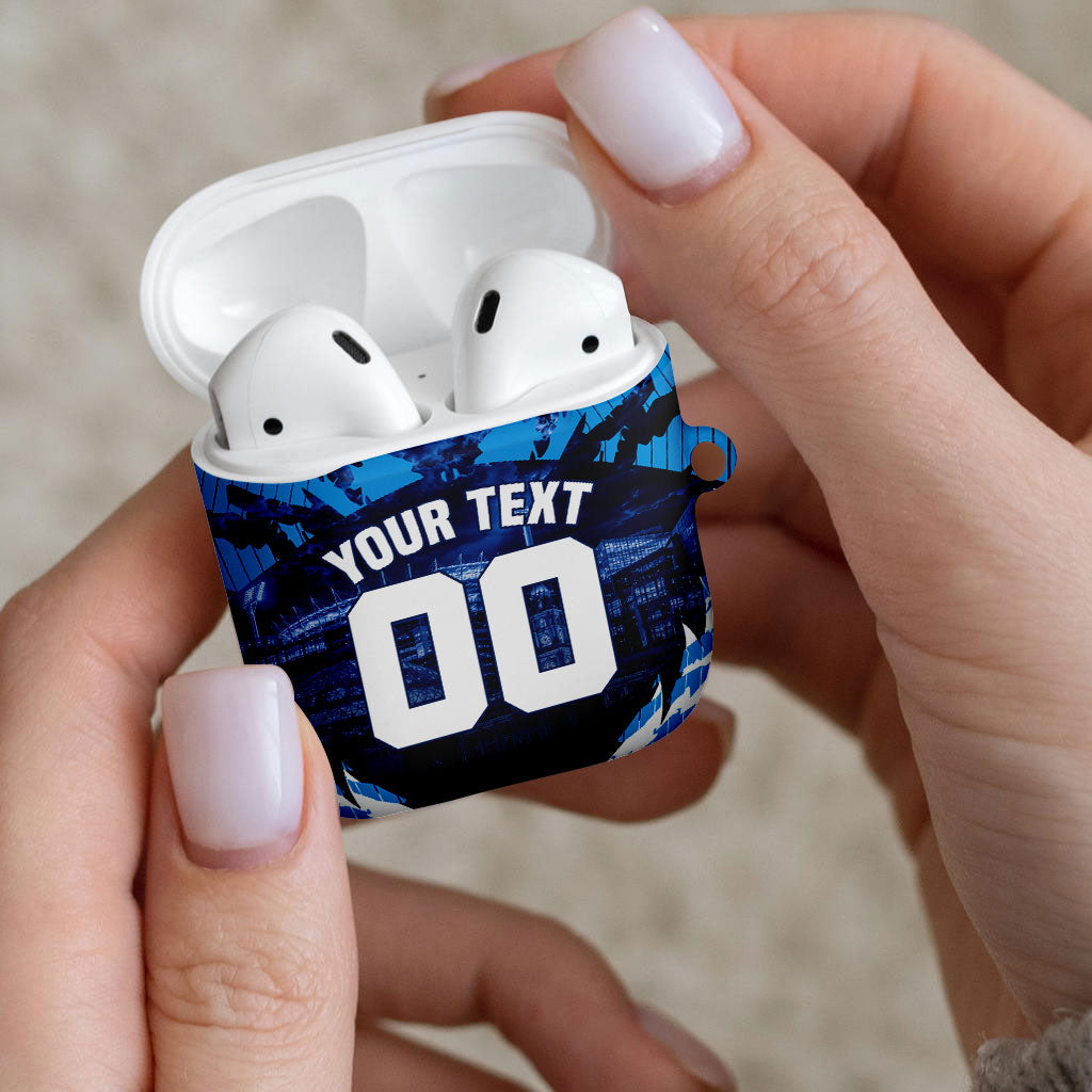 Personalised Geelong Cat Football AirPods Case Electric Blue Mascot Charging Cityscape