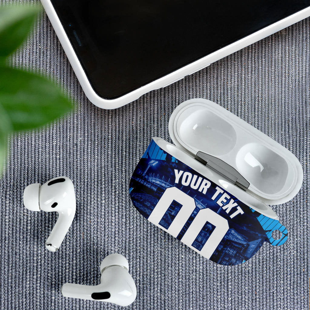 Personalised Geelong Cat Football AirPods Case Electric Blue Mascot Charging Cityscape