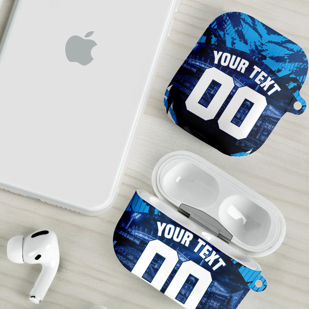 Personalised Geelong Cat Football AirPods Case Electric Blue Mascot Charging Cityscape