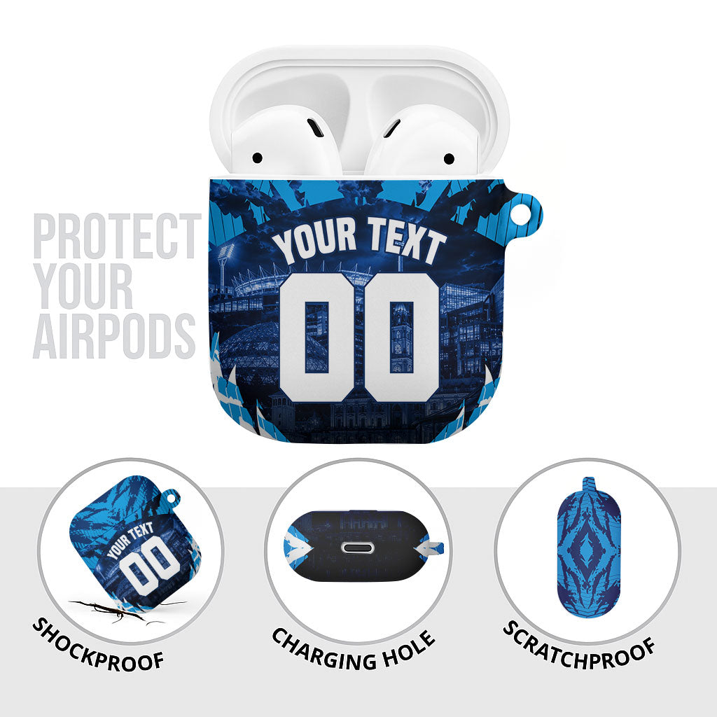 Personalised Geelong Cat Football AirPods Case Electric Blue Mascot Charging Cityscape