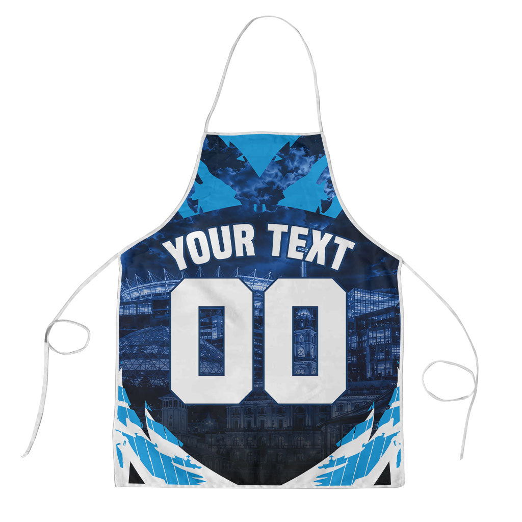 Personalised Geelong Cat Football Apron Electric Blue Mascot Charging Cityscape