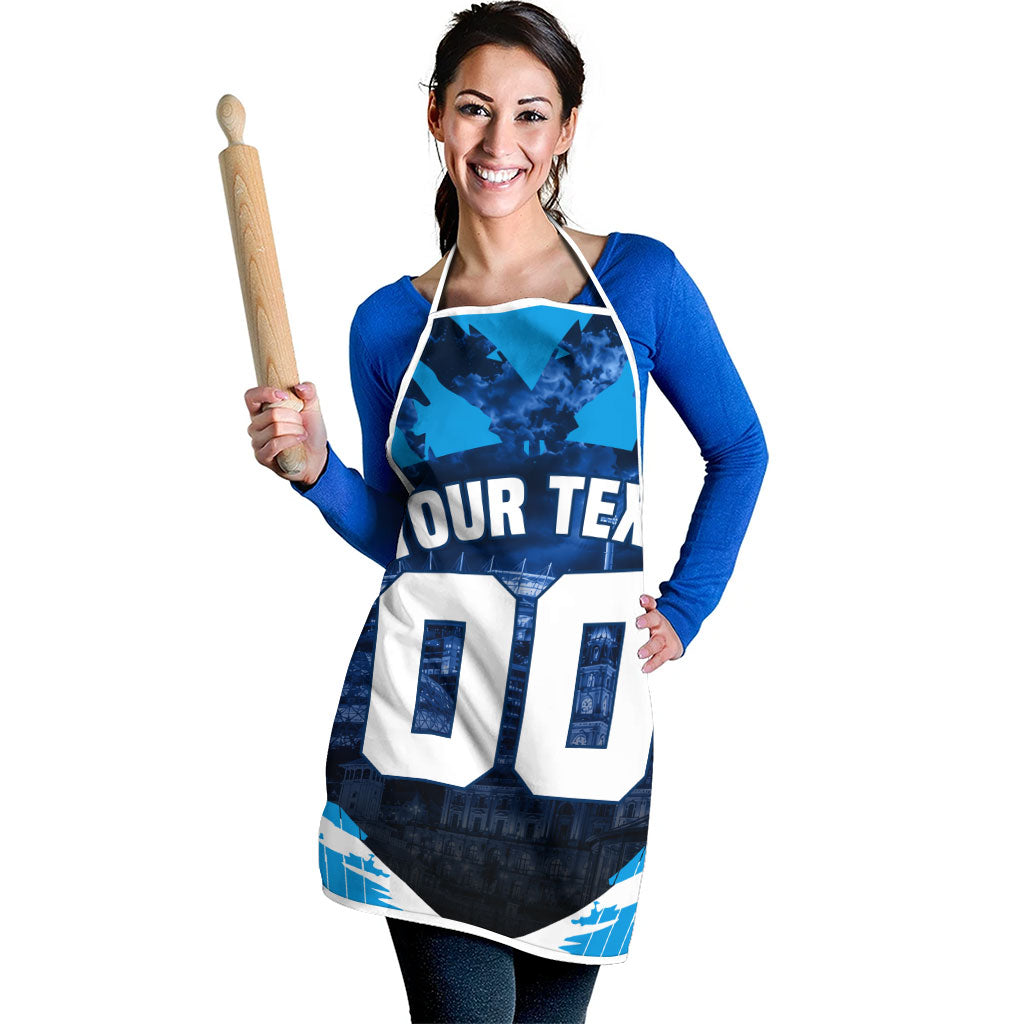 Personalised Geelong Cat Football Apron Electric Blue Mascot Charging Cityscape