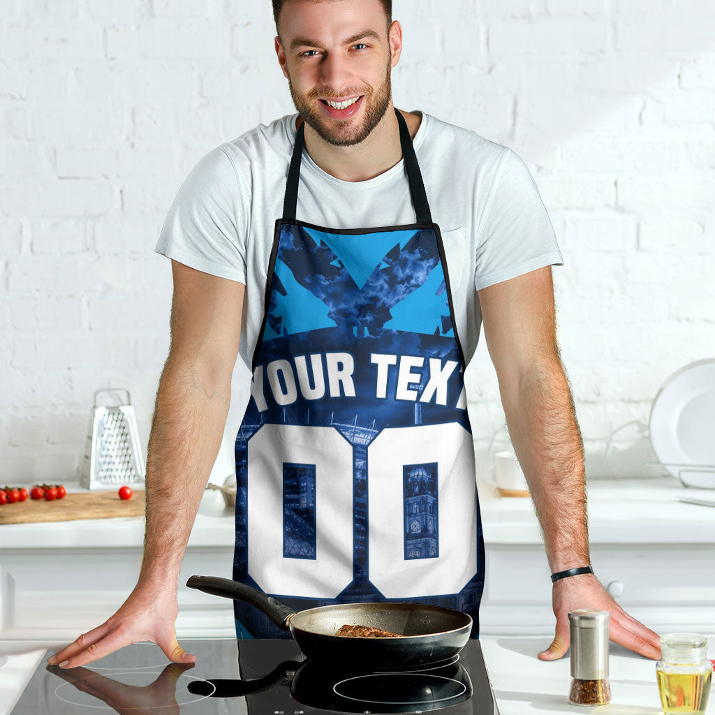 Personalised Geelong Cat Football Apron Electric Blue Mascot Charging Cityscape