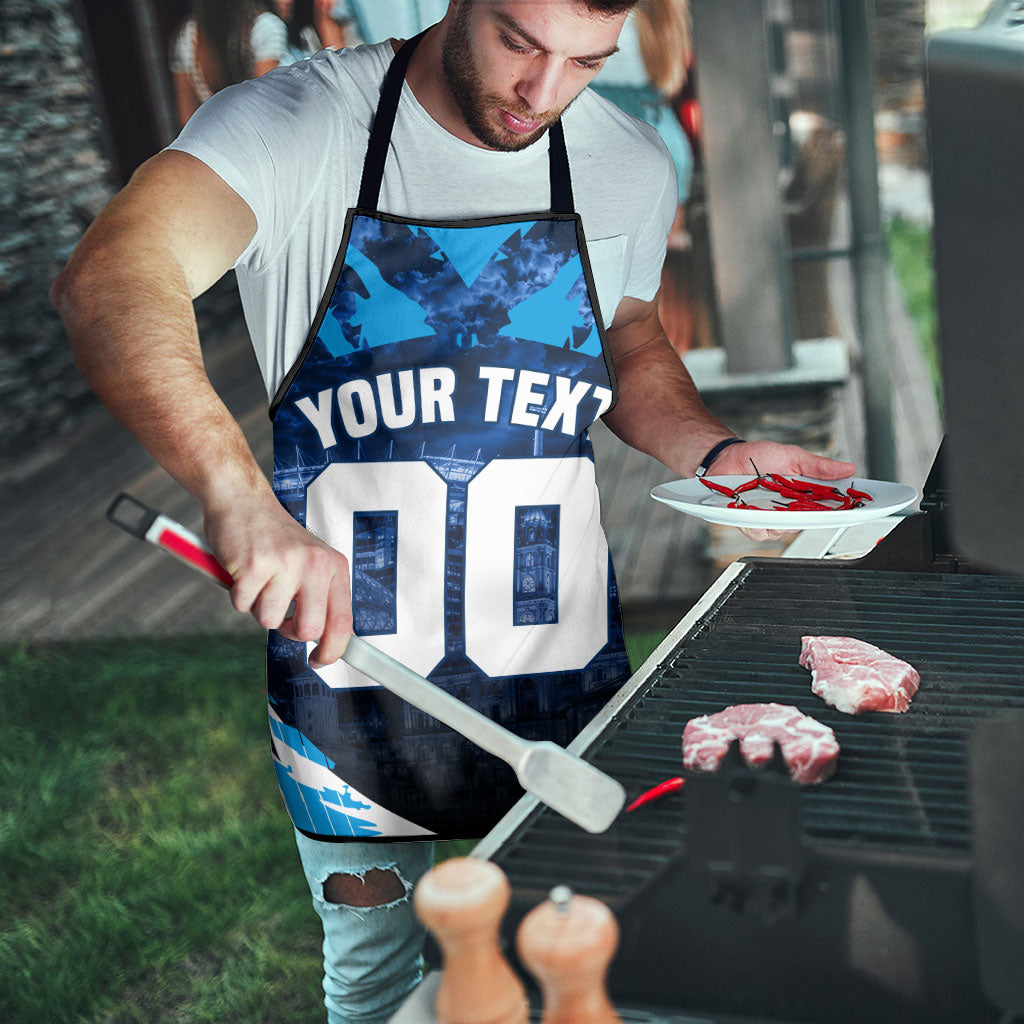 Personalised Geelong Cat Football Apron Electric Blue Mascot Charging Cityscape