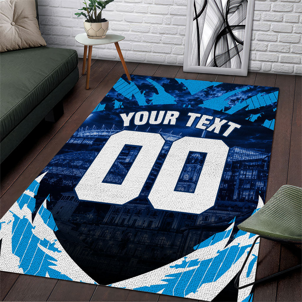 Personalised Geelong Cat Football Area Rug Electric Blue Mascot Charging Cityscape