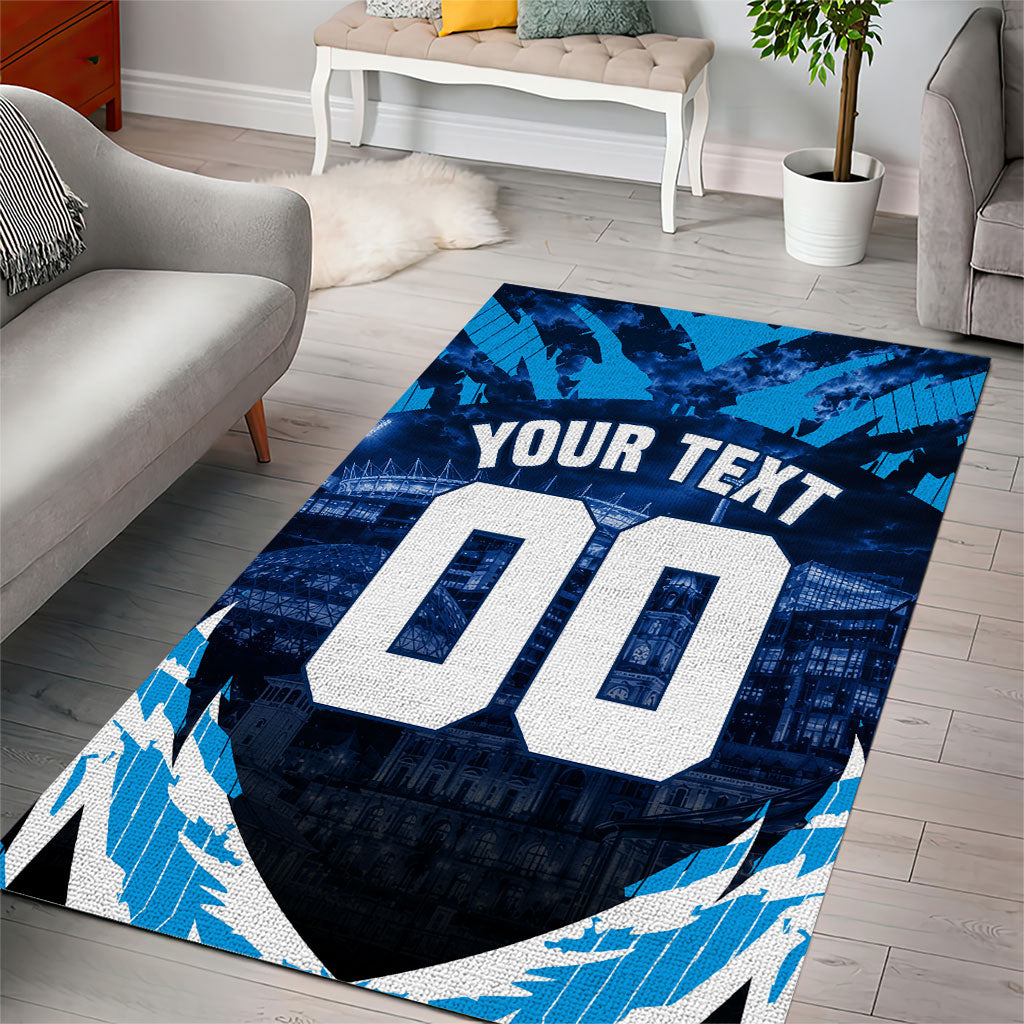 Personalised Geelong Cat Football Area Rug Electric Blue Mascot Charging Cityscape