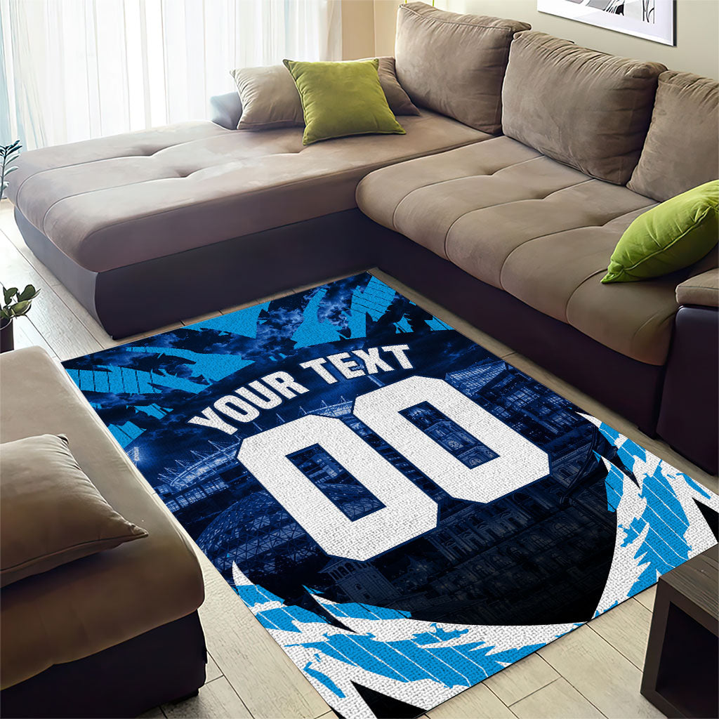 Personalised Geelong Cat Football Area Rug Electric Blue Mascot Charging Cityscape